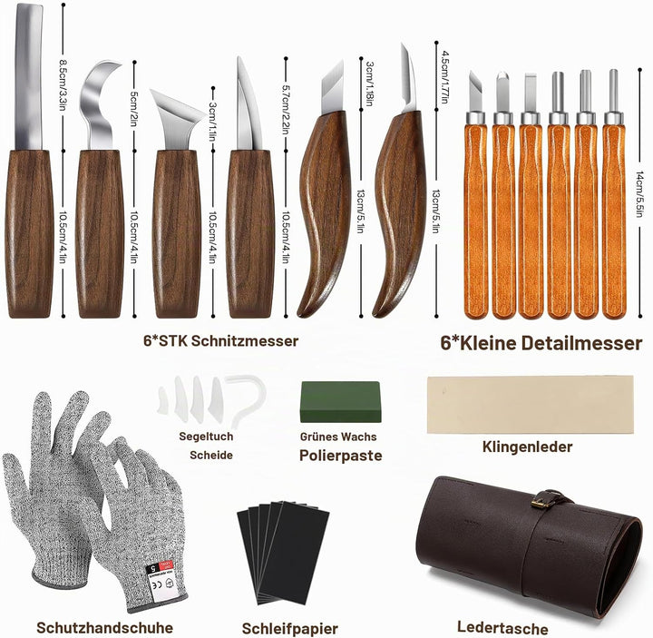 7CDXD Schnitzwerkzeug Set, 17 PCS Holzschnitzwerkzeuge mit Handschuhe, Aufbewahrungstasche und Anspi