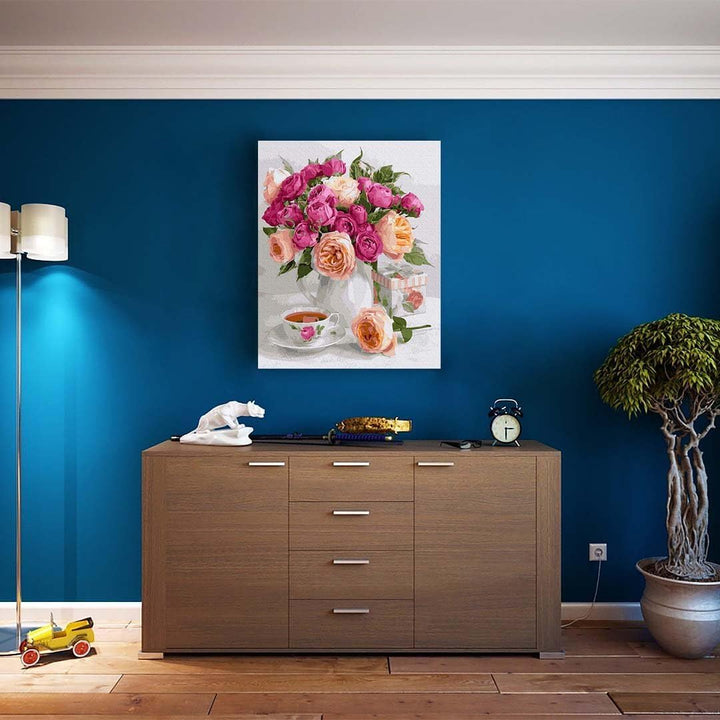 Artnapi Malen nach Zahlen Erwachsene mit Rahmen | DIY Handgemalt | Blumen - Rosenstrauss auf dem Tis