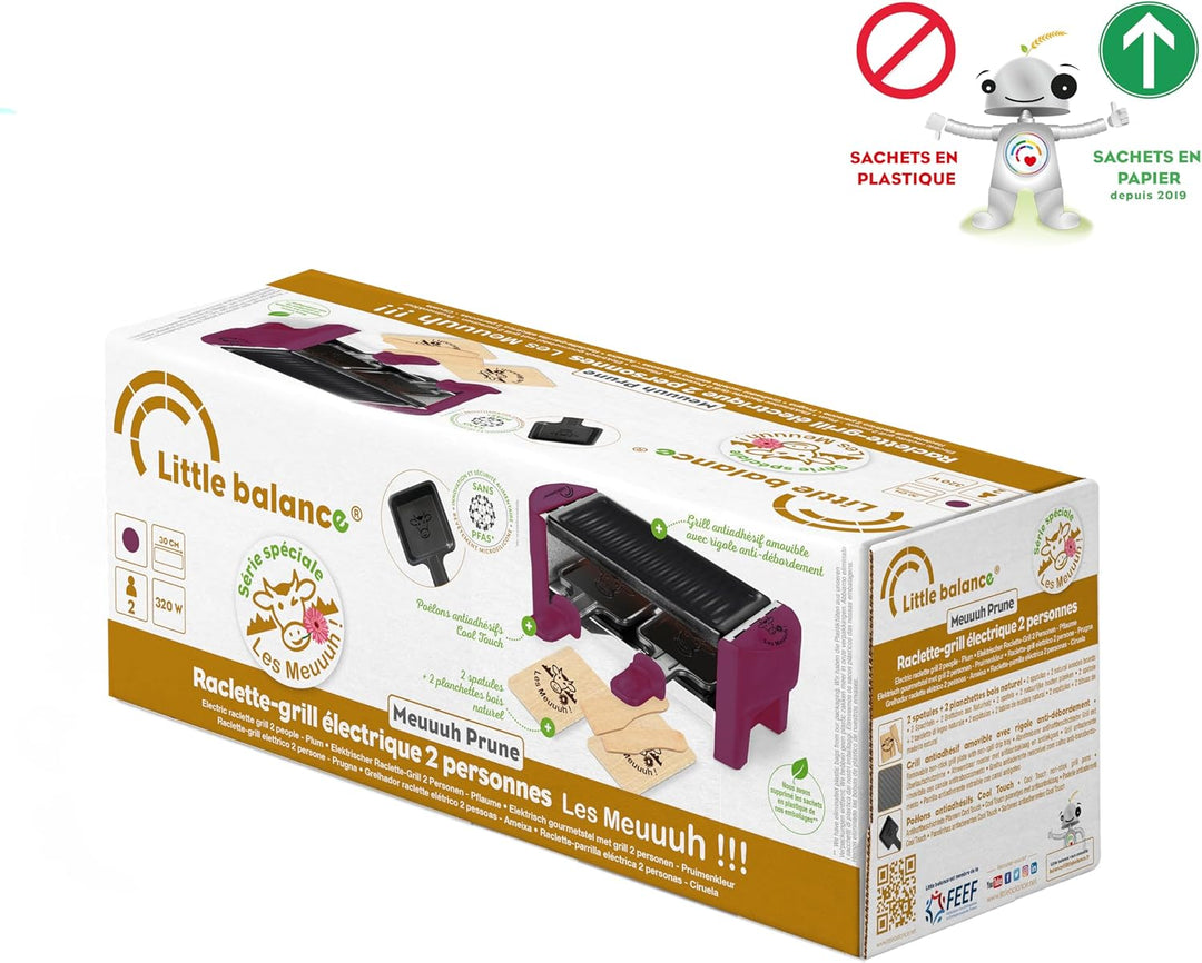 LITTLE BALANCE 8615 Raclette 2 Meuuh…, Raclettegerät für 1/2 Personen, abnehmbarer Grill, 2 Spatel +
