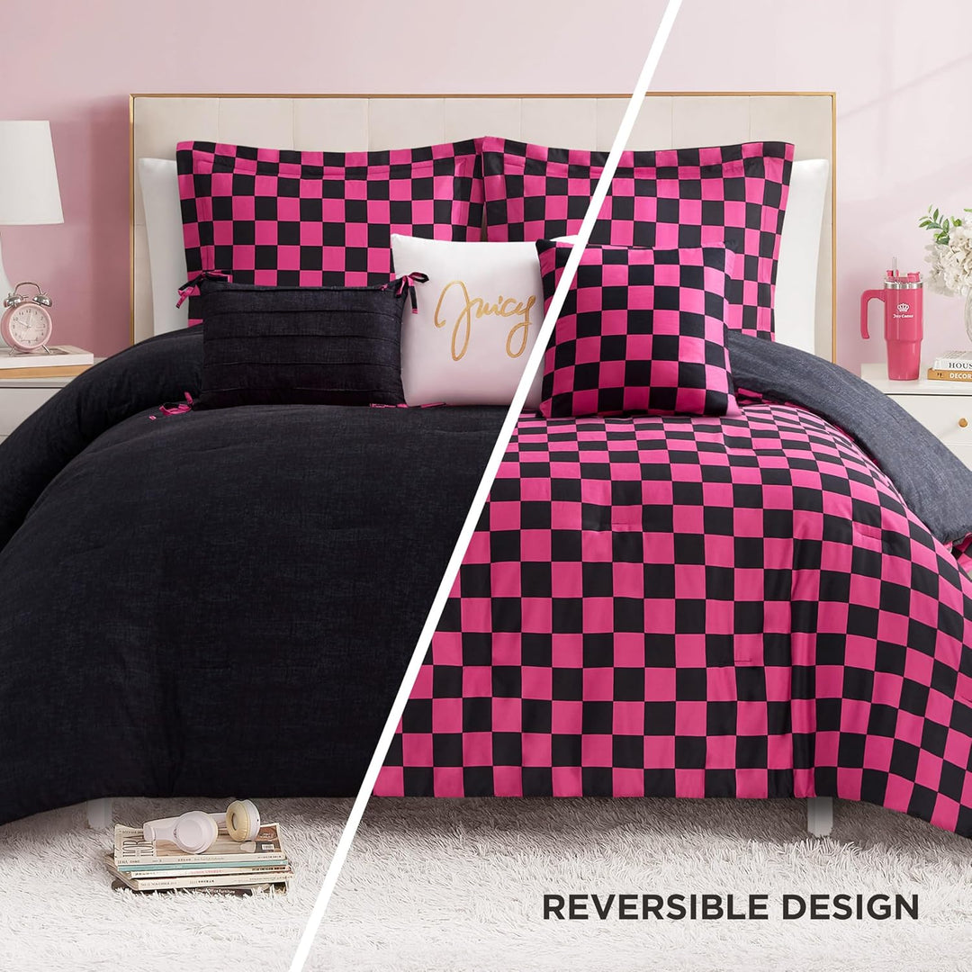 Juicy Couture-Wende-Steppdecken-Set, Schachbrettmuster, 6-teilig, Doppelbett-/Queen-Size-Bett-Set, S