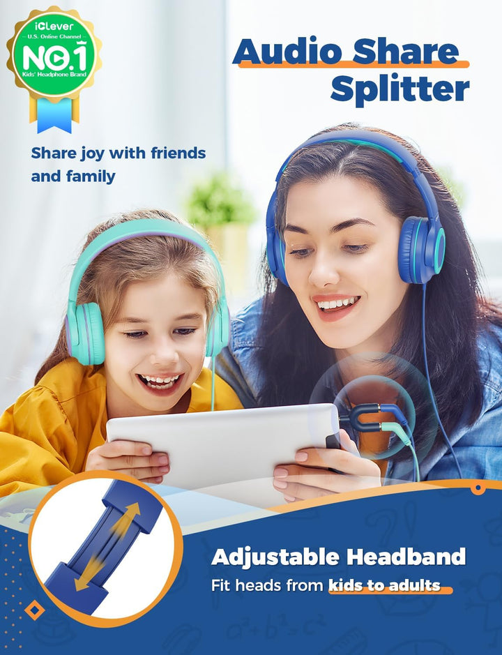 iClever Kinder Kopfhörer mit Sharing Splitter [2 Pack]- 85dB Safe Volume Limited - HS22 Kopfhörer fü