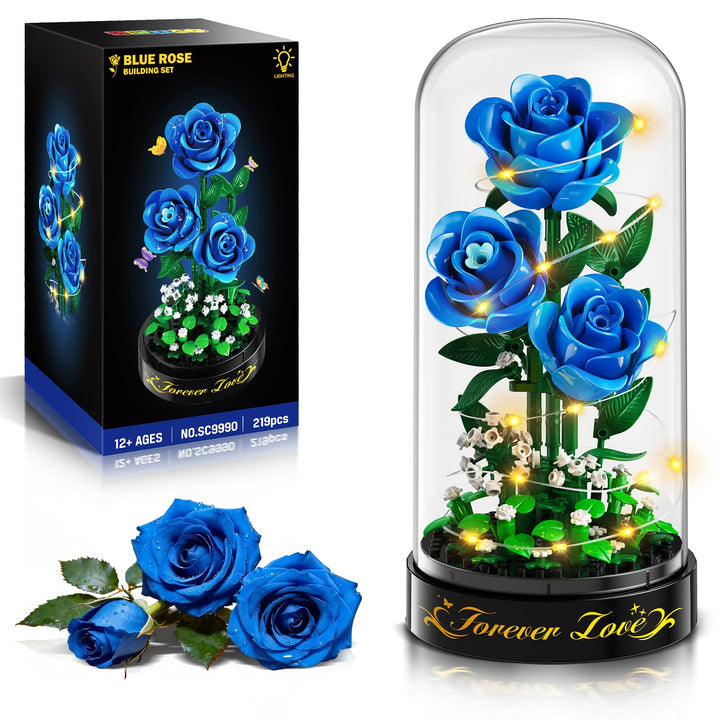 HiWEEGO Blumen Rosen Bauset mit LED Licht & Abdeckung – 219 Teile Rosenstrauss Ostergeschenke, 3,6 M