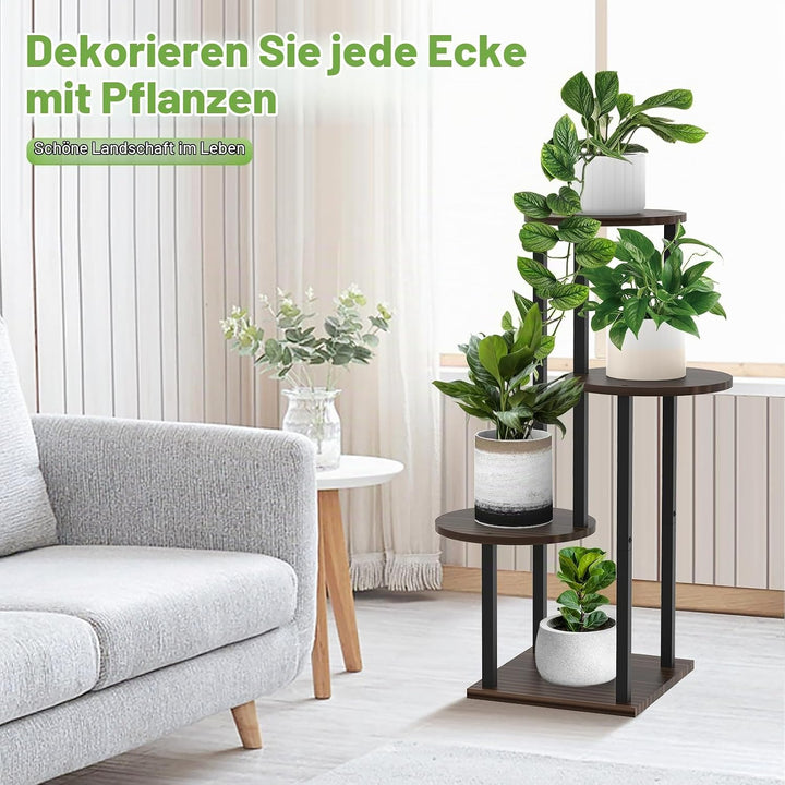 YOCOMEY 4 Tier Hölzern Blumenregal Metall Pflanzenregal, Mehrstöckig Blumenständer Pflanzenständer B