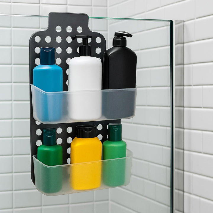 com-four® 2x Duschkorb mit 2 Fächern, Duschgelhalter mit Haken | höhenverstellbare Hängekorbe - Dusc