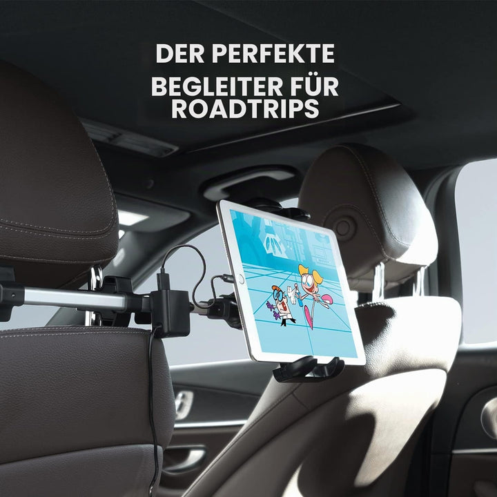 Macally Auto-Kopfstützen Tablet-Halterung mit USB-Lade-Hub & Zigarettenanzünder-Adapter – lädt 4 Ger