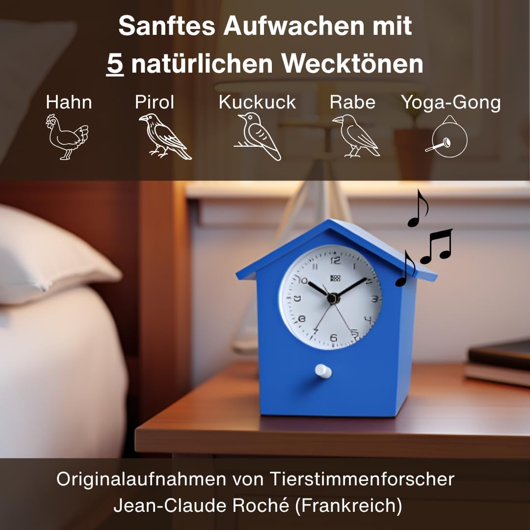 KOOKOO EarlyBird Blau, Wecker mit Vogelmelodie (Originalaufnahme) oder Dreiklangton, Blau