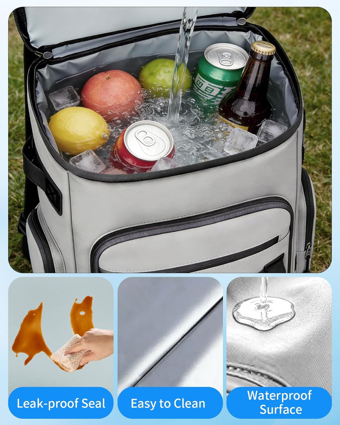 30L Kühlrucksack, Gross Isolierte Kühltasche Wasserdichter Picknickrucksack für Männer Frauen, Tragb