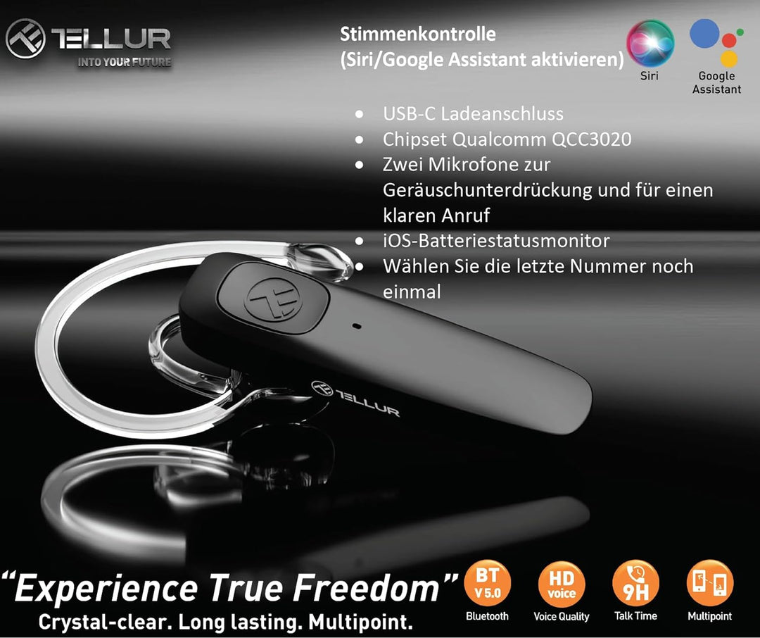 TELLUR VOX 155 Headset Bluetooth Handy, Headset für Handys USB-C, Multipoint-Zwei verbundene Geräte
