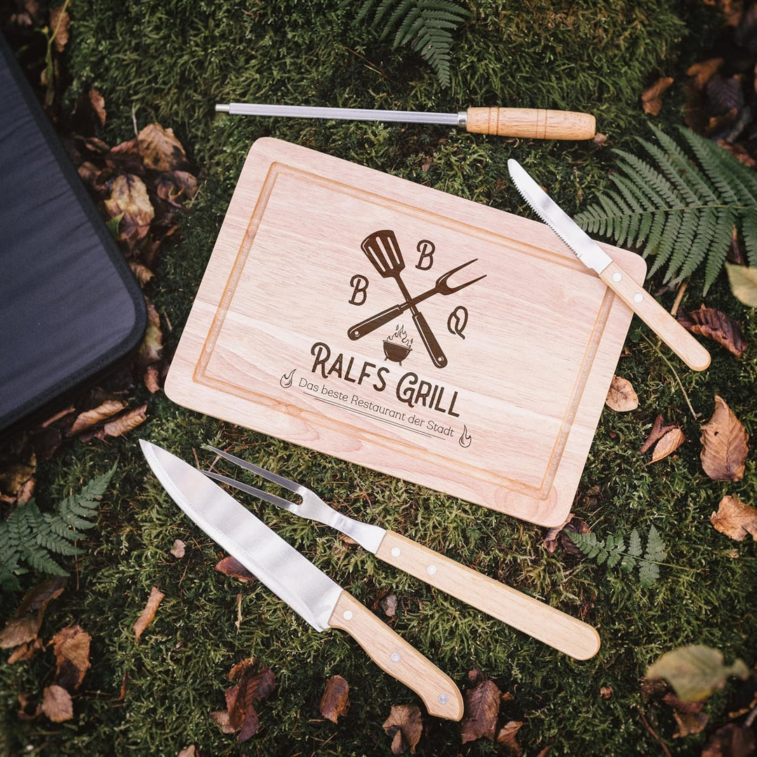 Grillset mit Messer im Messerset, Grillen Geschenk, Grill Accessories, Grillbrett, Geschenke für Män