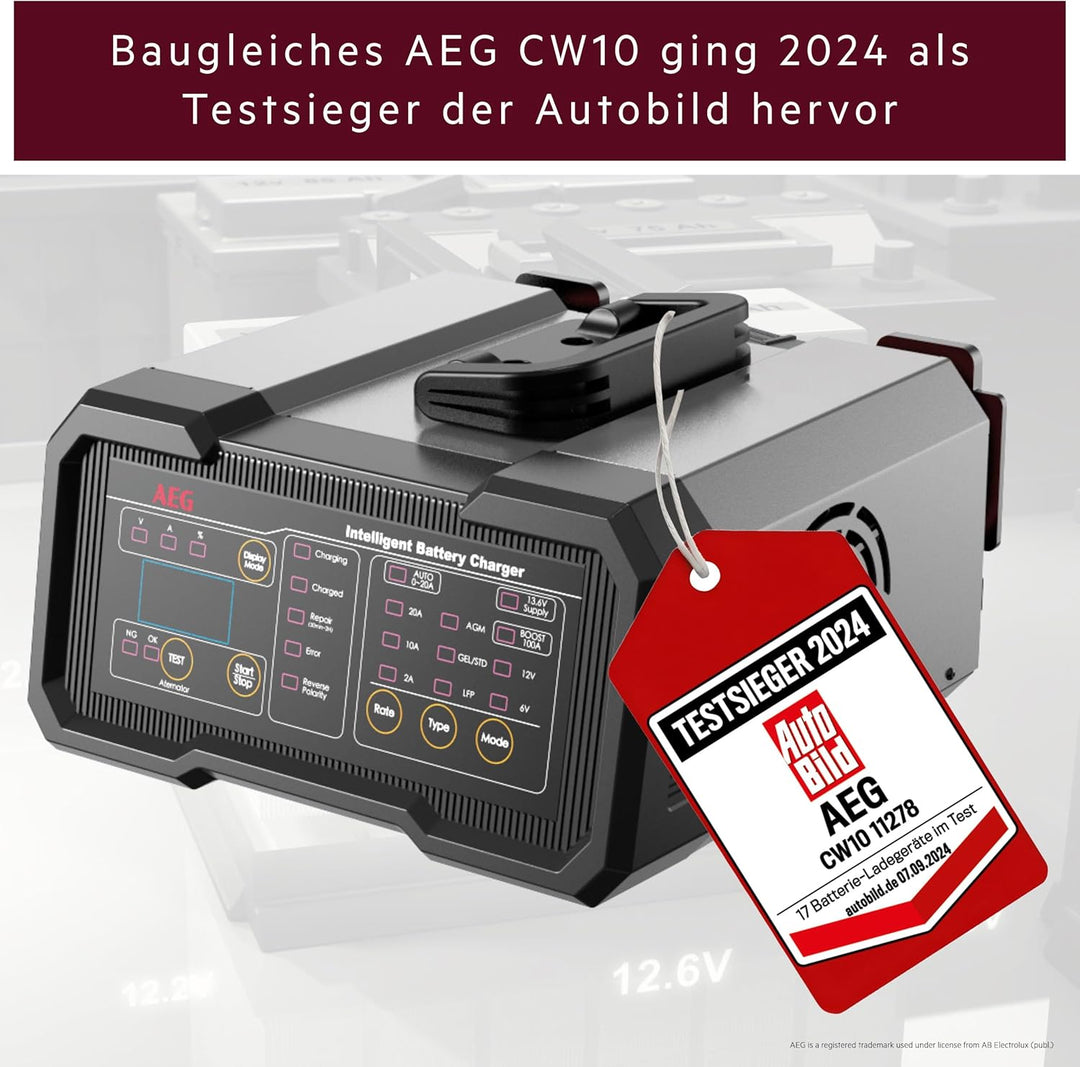 AEG Batterieladegerät CW20 lädt alle 6 V und 12 V Batterien, umfangreicher Sicherungsschutz, mit Lad