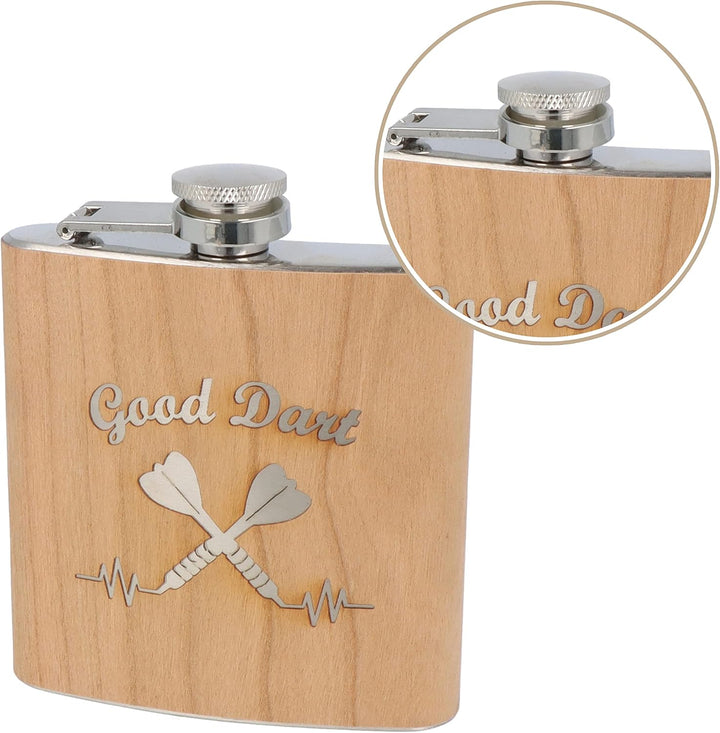 Spruchreif | Flachmann aus Edelstahl mit Gravur | Flachmann aus Holz | Geschenkidee Darts | Outdoor