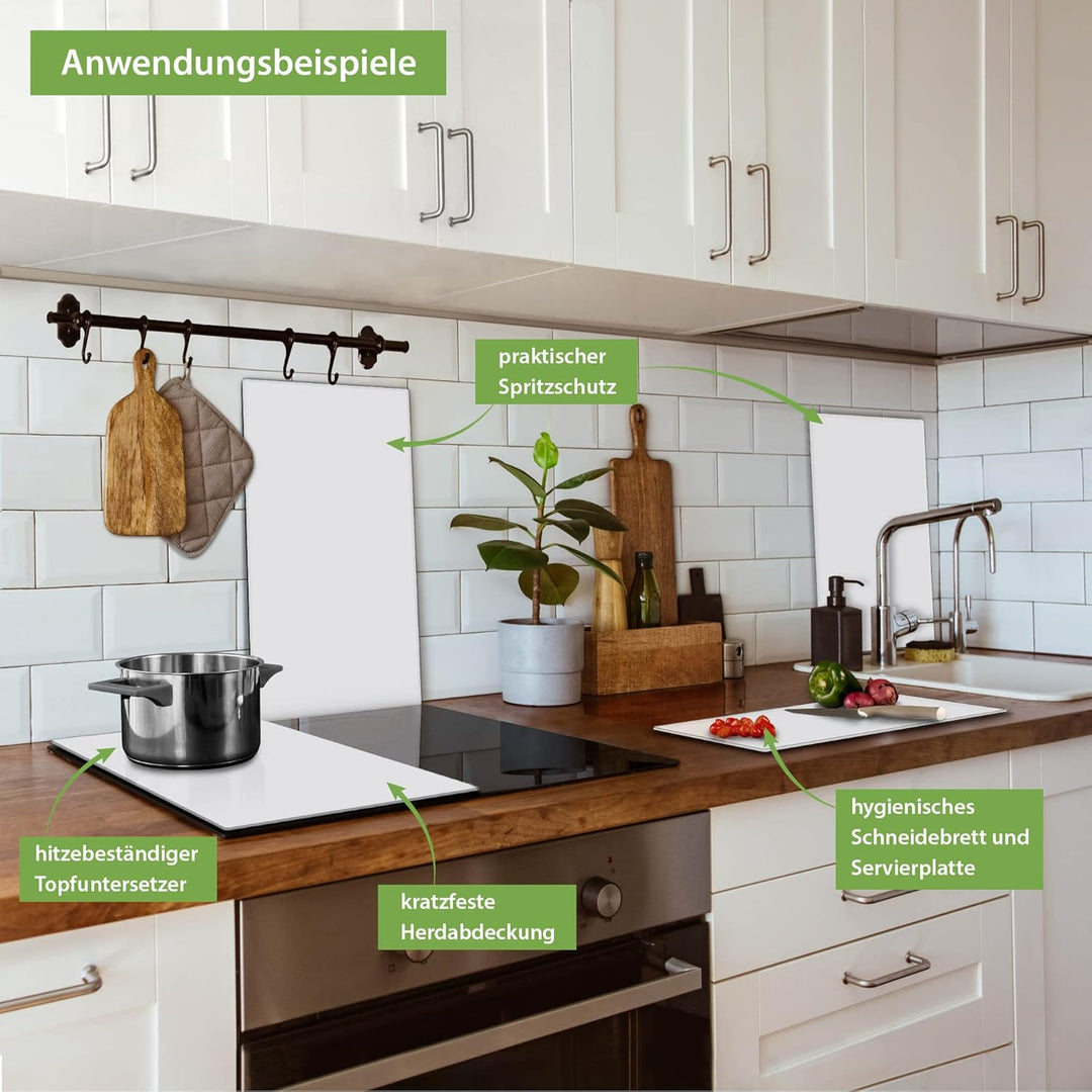banjado® Herdabdeckplatte Glas 2-teilig je 30x52 cm/Schneidebrett Herdabdeckung mit Motiv weiss/Herd