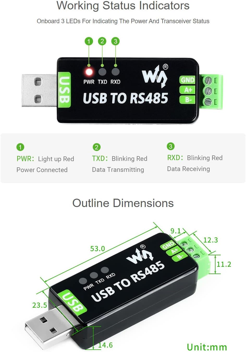 Waveshare Industrial USB to RS485 Converter with Original FT232RNL and SP485EEN Chips Automatic Tran