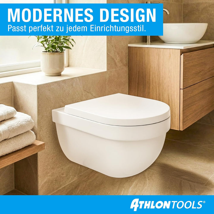 ATHLON TOOLS Toilettendeckel mit Absenkautomatik D-Form – Duroplast WC Sitz, Soft-Close & Quick-Rele