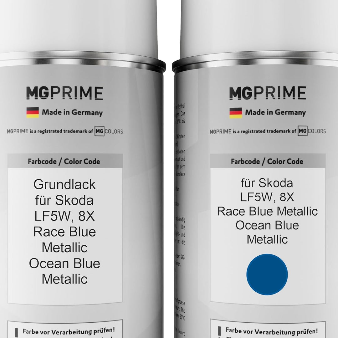 MG PRIME Autolack 2K Spraydosen Set für Skoda LF5W / 8X Race Blue Metallic/Ocean Blue Metallic Grund