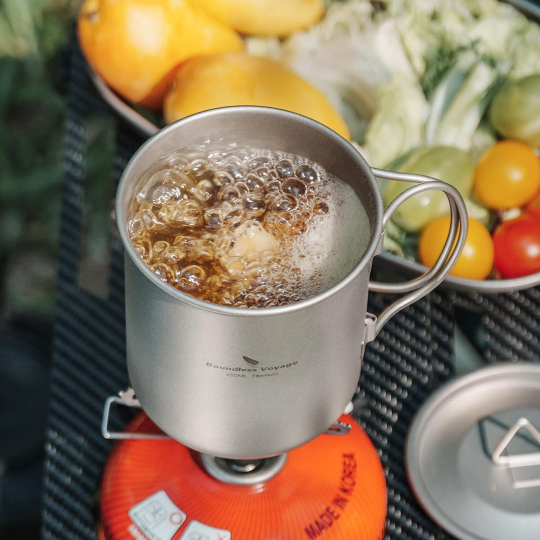 iBasingo Titan Becher Camping Topf Outdoor Kaffee Tee Tasse mit Deckel &amp; Faltbarem Griff 200ml/300ml