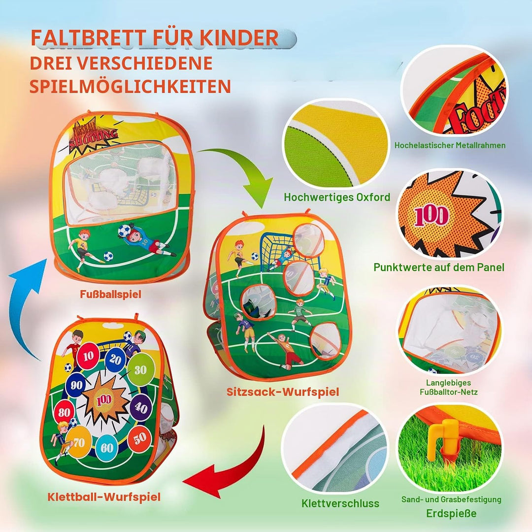 Sundaymot Outdoor Spiele für Kinder, Wurfspiel Kinder 3 in 1 mit Fussball, Sitzsack,Klettbälle, Falt
