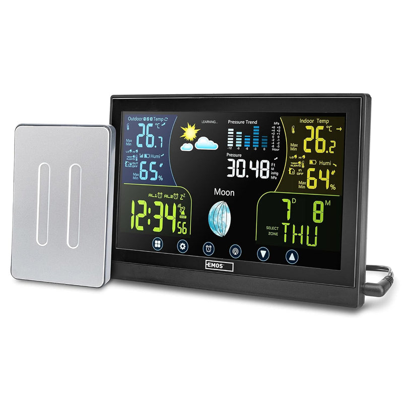 Emos Wetterstation Funk mit Aussensensor, Touchscreen und Farbdisplay, DCF Empfangssignal Funkuhr -