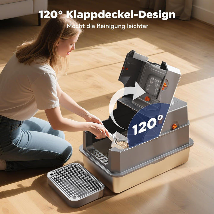 MIXJOY Edelstahl Katzenklo XXL mit Deckel, Katzentoilette Edelstahl Zwei-Tür-Konfiguration, Geschlos