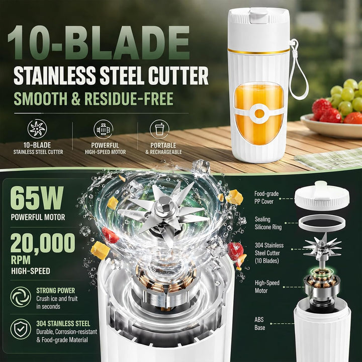 Tragbarer Mixer, 400 ml Kleiner Mixer Smoothie, Mini-Standmixer mit 10 Edelstahlklingen, Maker To Go