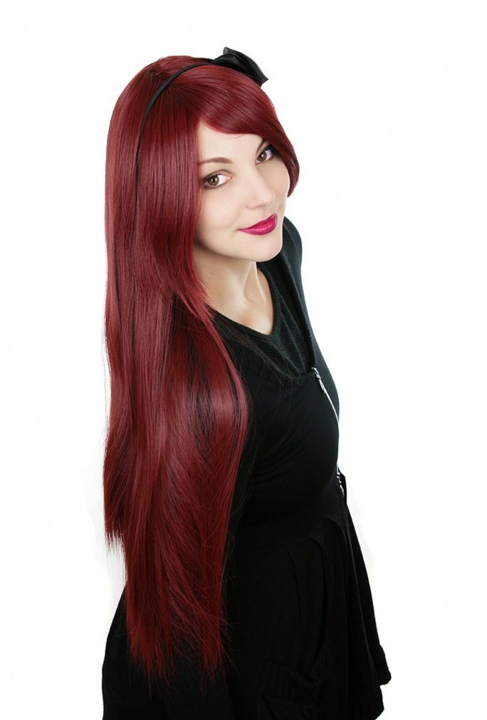 Prettyland Damen 80cm Langhaar Glatt Anime Cosplay Perücke Dunkelrot Weinrot/Burgundy Rot C918, dunk