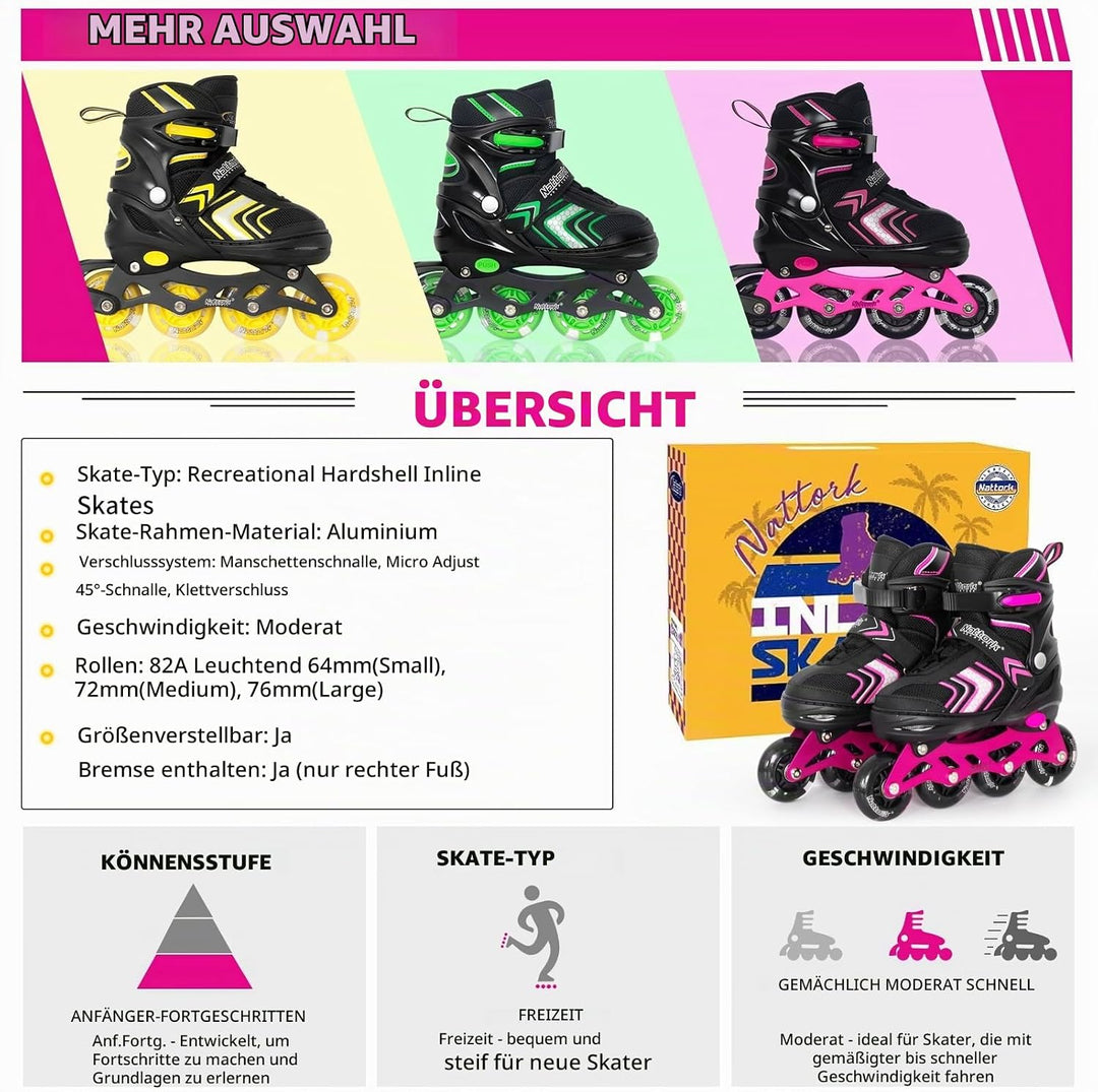 Nattork Inliner für Kinder Verstellbare Inline Skates, 4 Grössen Kinder Inline Roller Skates mit Bel