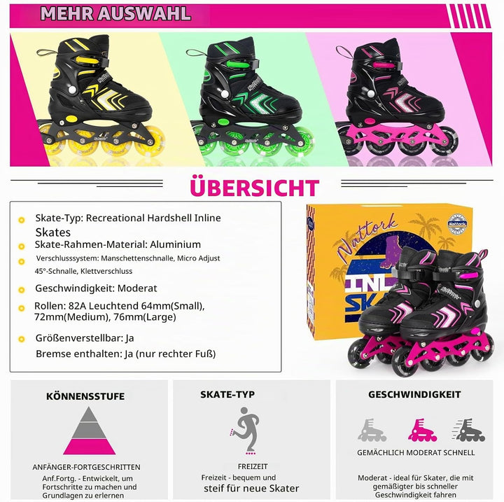 Nattork Inliner für Kinder Verstellbare Inline Skates, 4 Grössen Kinder Inline Roller Skates mit Bel