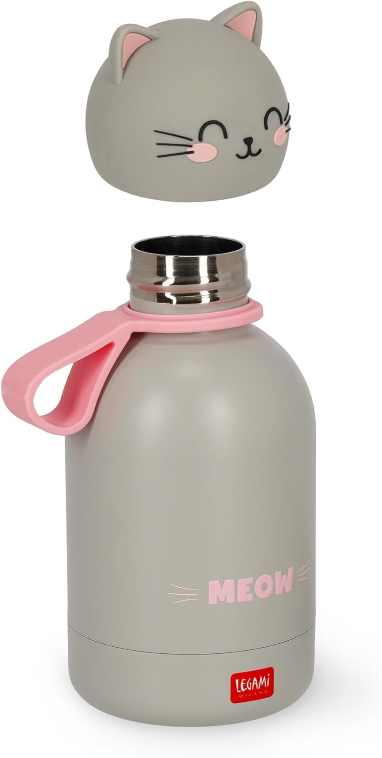 Legami - Hot&Cold BFF Kinder-Wasserflasche, Kitty-Motiv, doppellagig aus 18/8 Edelstahl mit luftdich