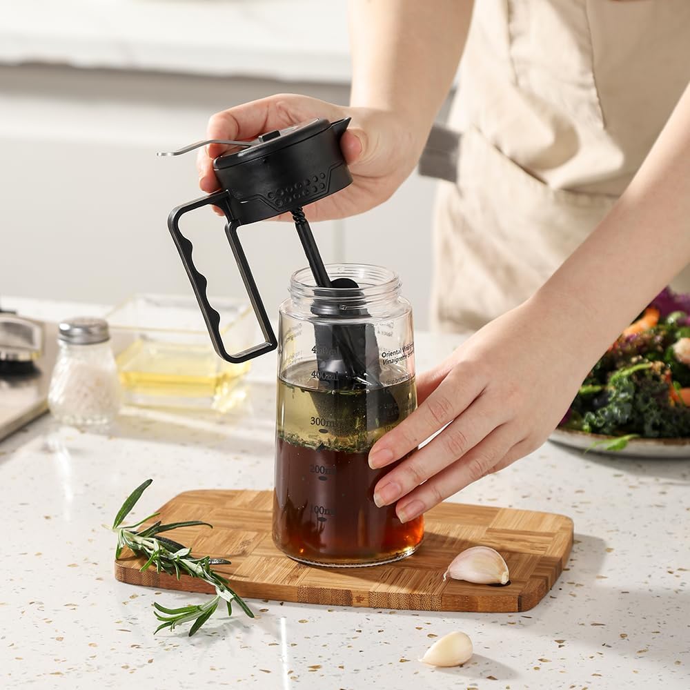Salatdressing-Shaker aus Glas, 450 ml, mit abgestufter Skala und aufgedruckten Rezepten, hausgemacht