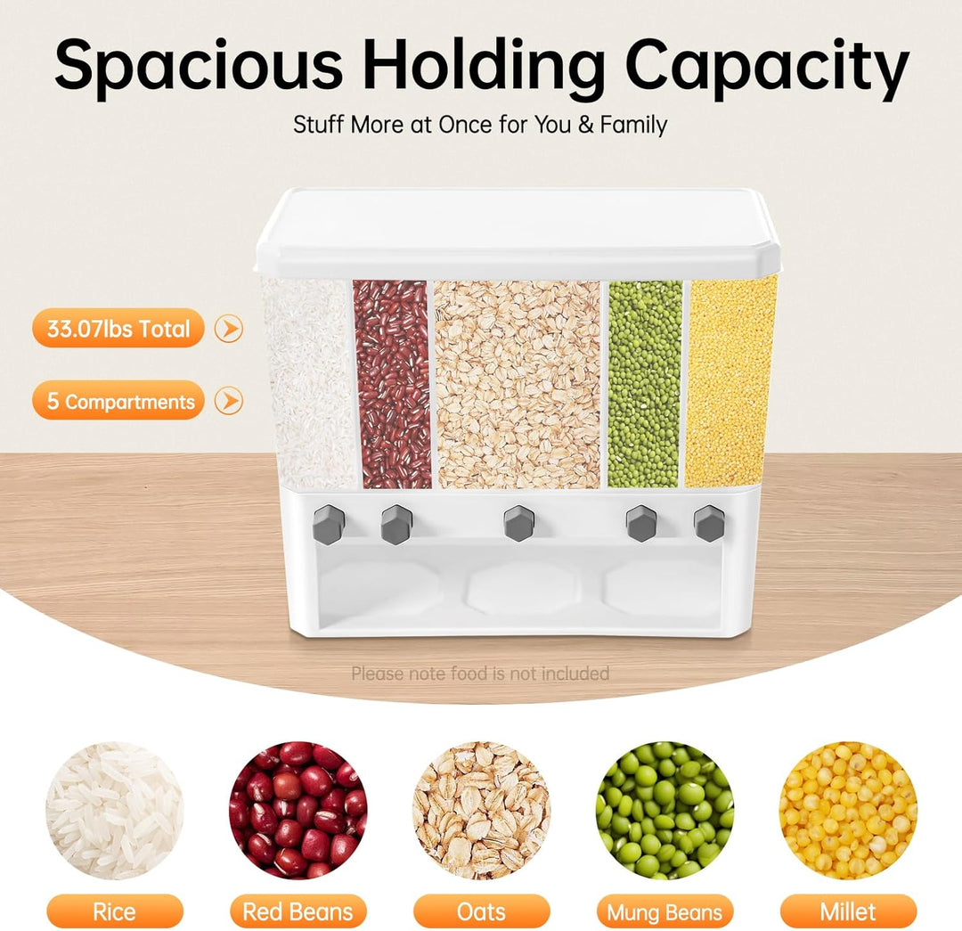 Food Rice Dispenser, 5-Grid 10kg Cereal Storage Container Küche Wall Mount Dry Food Dispenser Weiss