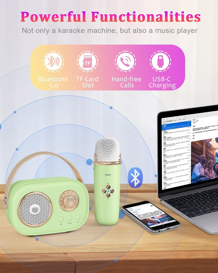 PRUNUS Karaoke Maschine Kinder mit 2 Mikrofonen, Mini Karaoke Set mit Stereosound und Heavy Bass für