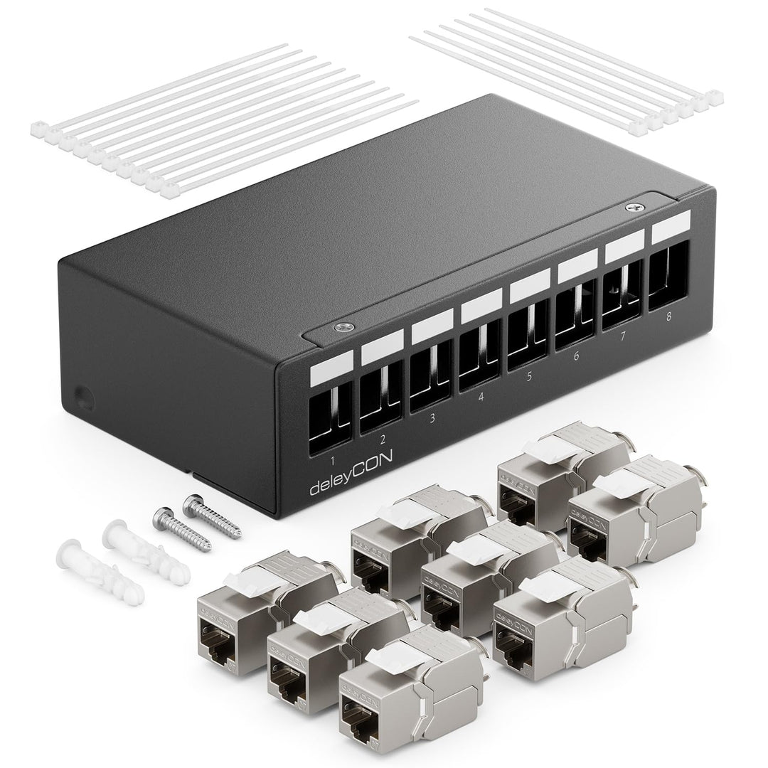 deleyCON 8 Port CAT7 Patchpanel Set mit 8x CAT.7 RJ45 Keystone Jack Modul STP 10 Gbit/s - Verteilerf