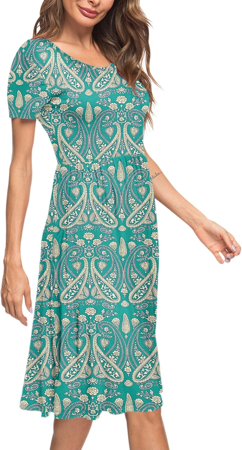 AUSELILY Damen Kleider Sommer Sommerkleider Knielang Kurzarm Empire Freizeitkleid Schicke Shirtkleid