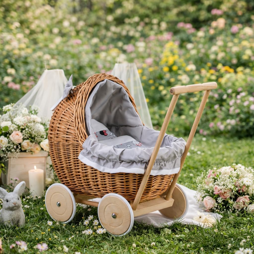 e-wicker24 Alles aus Weide Puppenwagen aus Weide mit Bettwäsche perfekte Geschenkidee Korbpuppenwage