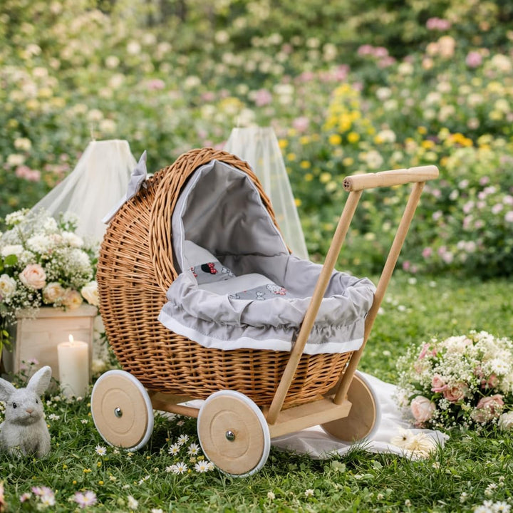 e-wicker24 Alles aus Weide Puppenwagen aus Weide mit Bettwäsche perfekte Geschenkidee Korbpuppenwage