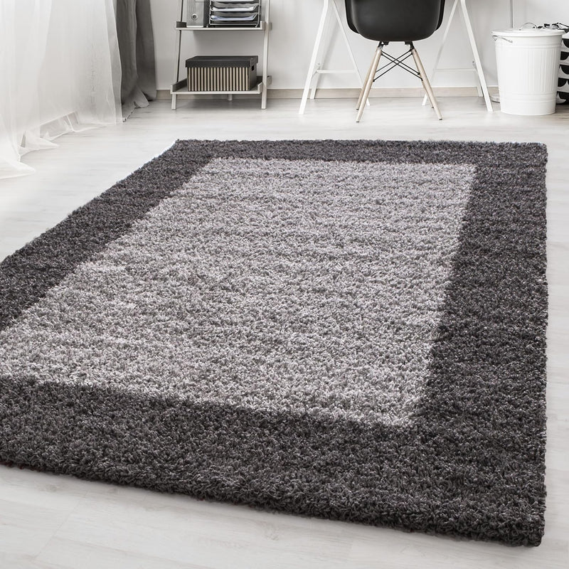 HomebyHome Teppich Wohnzinmer Shaggy Hochflor Grau Rechteckig 200x290 cm Bordüre (200x300 cm) - Flau