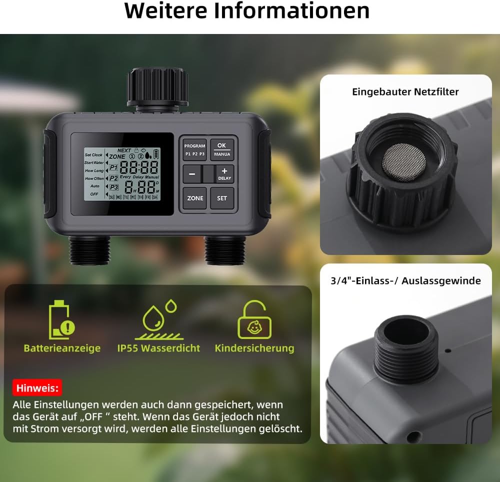 Uzoli SGW07 Bewässerungscomputer mit 2 Ausgänge, Regenverzögerung, IP55 Wasserdicht, Einfache Progra