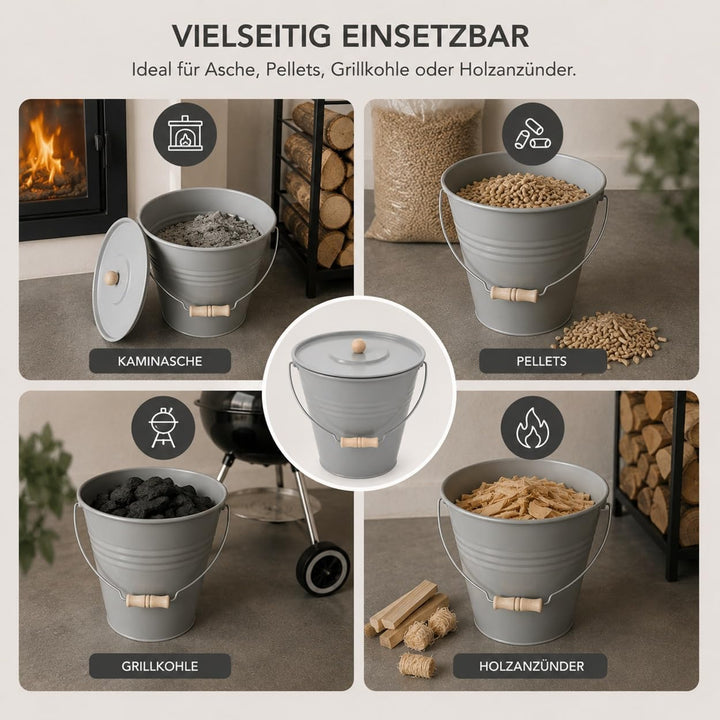 Zinkeimer Ascheeimer mit Deckel grau 12 Liter ideale Kamin Zubehör Erweiterung, Eimer zur Lagerung v