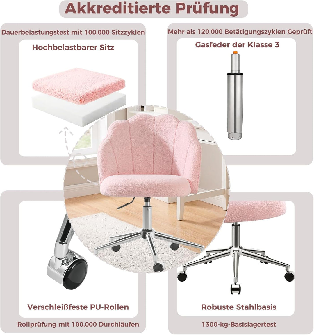 Schminktisch Stuhl mit Rollen, Drehstuhl für Mädchen, Muschelstuhl für Schlafzimmer und Home Office,