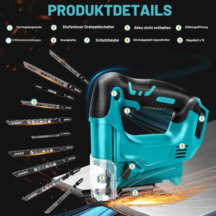 Akku Stichsäge für Makita 18V Lithium-Akku, Elektro-Stichsäge mit 10 Stichsägeblatt,Variable Geschwi