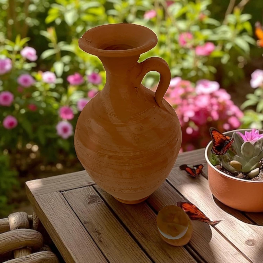 Marokkanisches Berber-Set aus Terrakotta, Krug 2,5 l mit 4 Gläsern, handgefertigt, Karaffe 31 cm mit