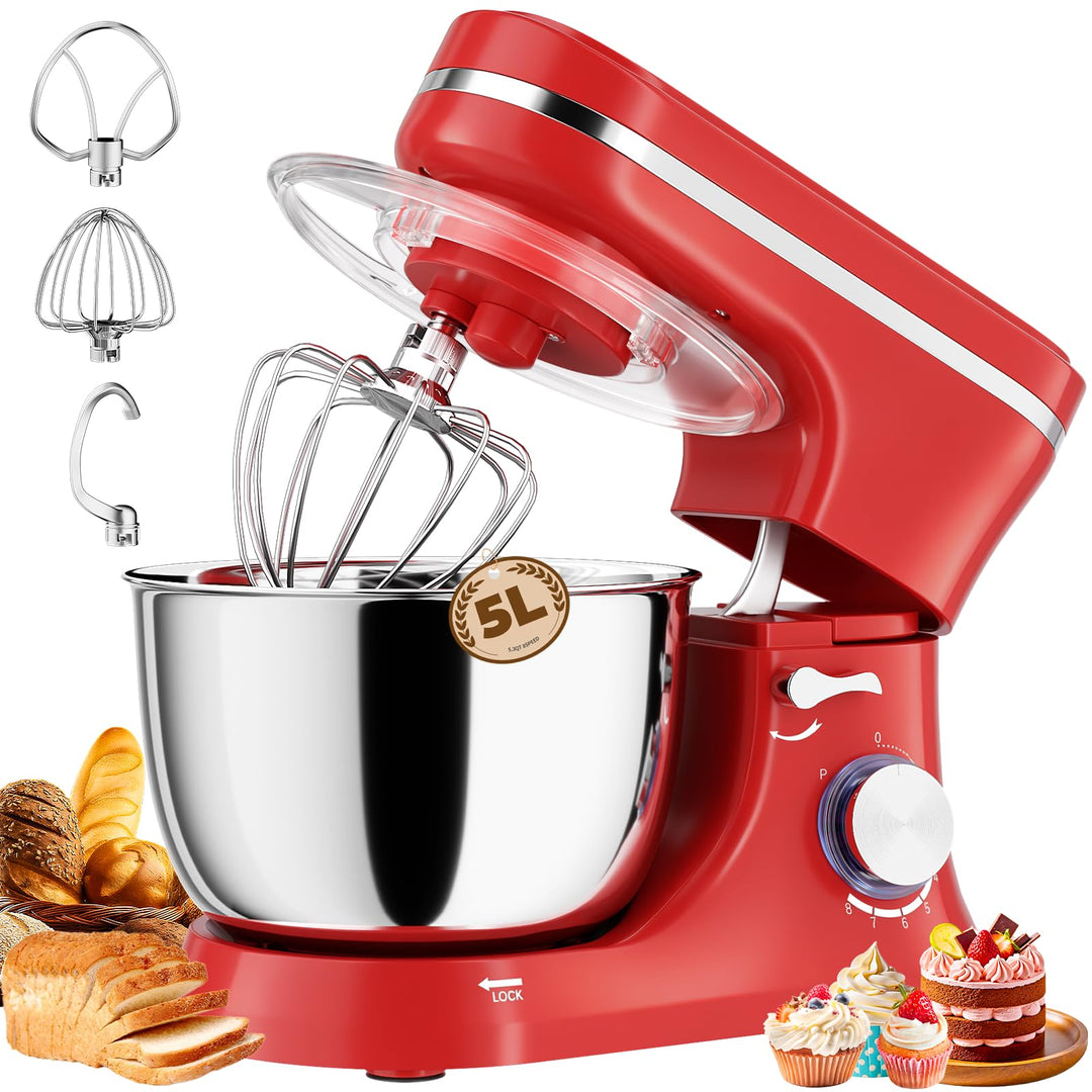Küchenmaschine 5L – Knetmaschine mit 1000W, 8+ P Geschwindigkeiten, 3 Rührwerkzeuge, Spritzschutz, T