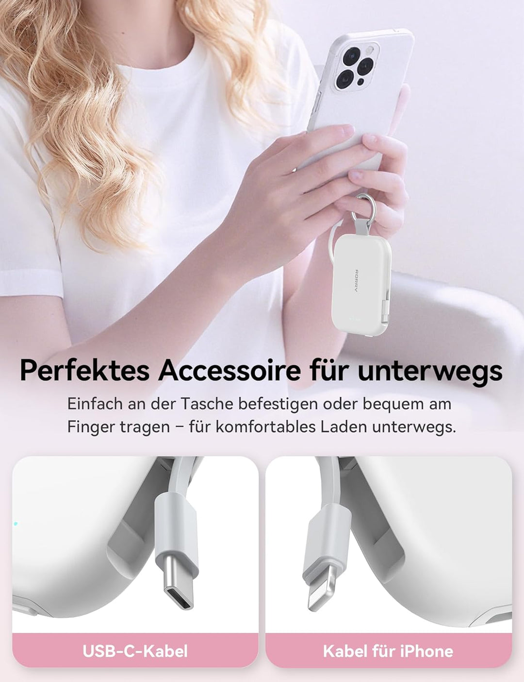 RORRY CharmGo 10000mAh Powerbank, Klein Power Bank PD 30W Schnellladen | Akku-Pack mit integriertem