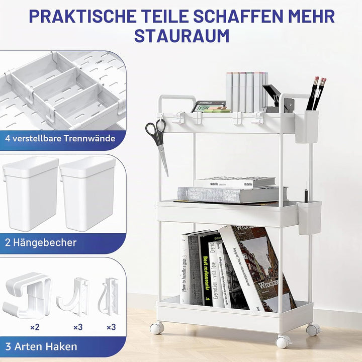 Ronlap Rollwagen Küchewagen mit 3 Ebenen, Servierwagen mit Aufhängebecher, Separator, Haken, Regal a