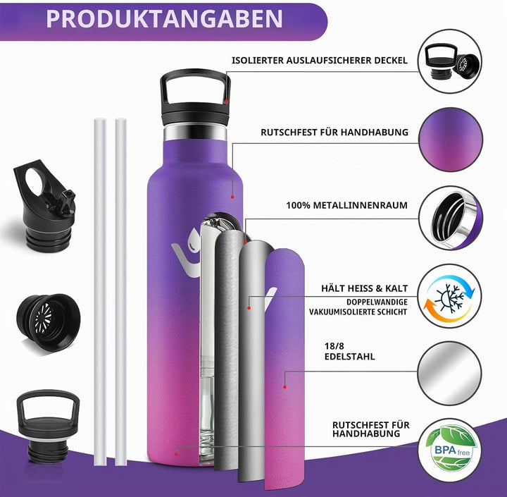 HoneyHolly Trinkflasche Edelstahl, 750 ML BPA-Frei, Thermosflasche, Auslaufsichere Isolierflasche Do