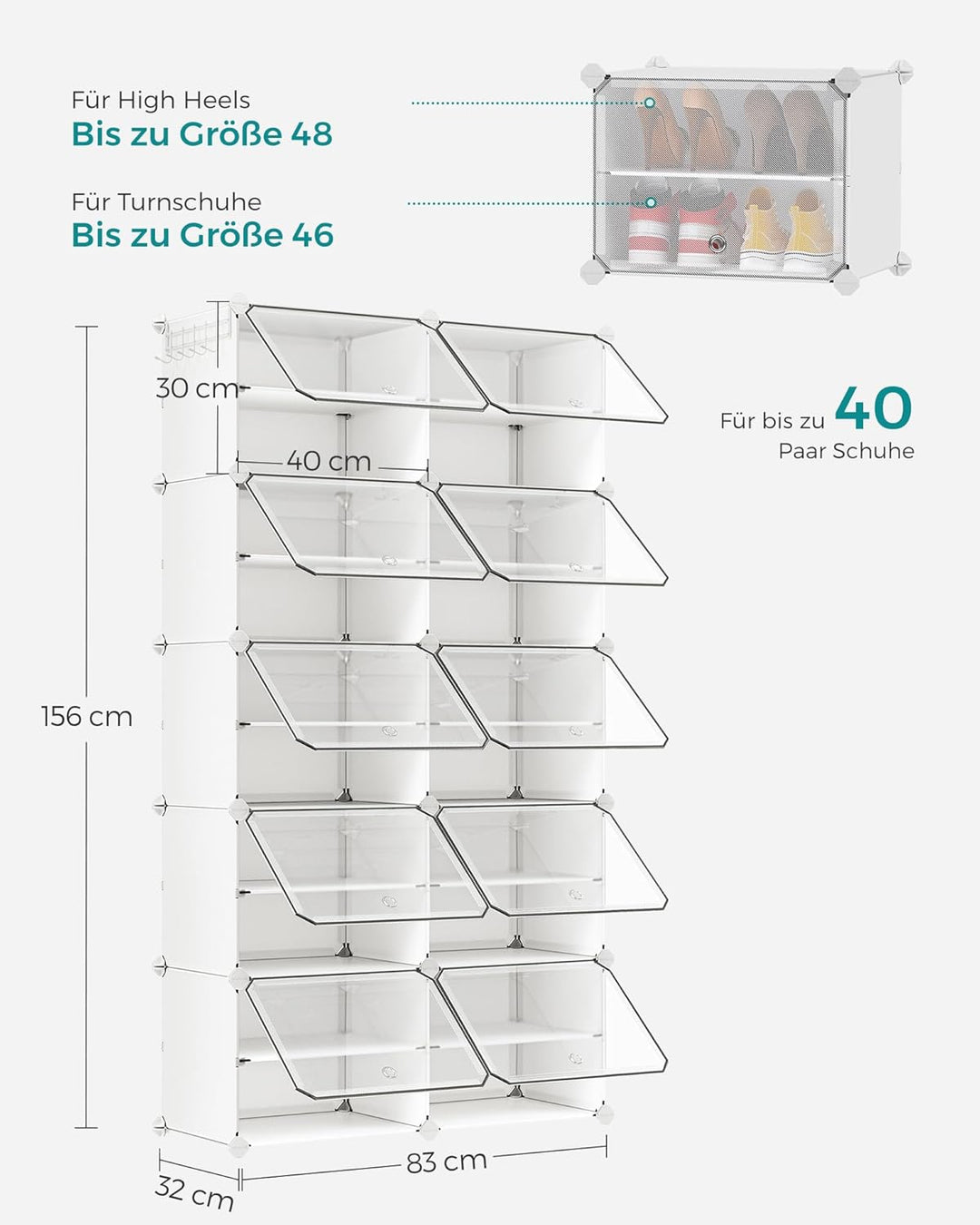 SONGMICS Schuhregal, Schuhschrank mit 10 Fächern, für Garrobe und Eingangsbereich, für bis zu 40 Paa