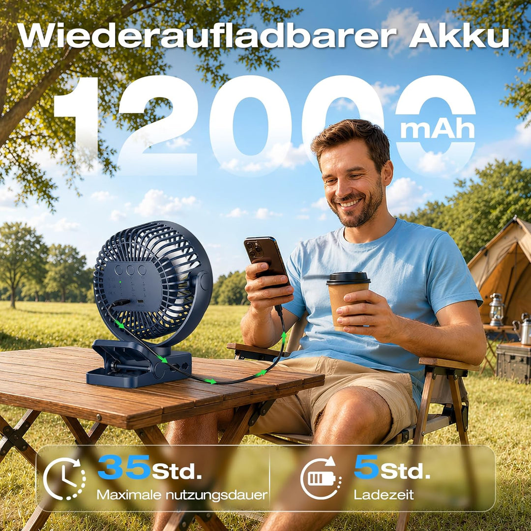 USB Ventilator 12000mAh Akku Tischventilator mit Fernbedienung & Magnetfuss, 3 Stufen, LED Licht, Ti