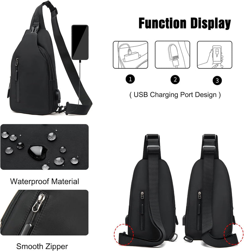 FANDARE Brusttasche Herren Sling Bag mit USB-Ladeanschluss Umhängetaschen Crossover Rucksack Schulte