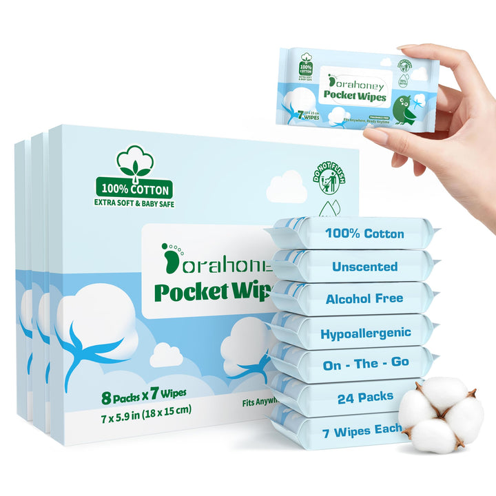 Mini Feuchttücher Reisegrösse 100% Baumwolle, 99% Wasser, Unparfümiert, kleine Päckchen, Hand & Gesi