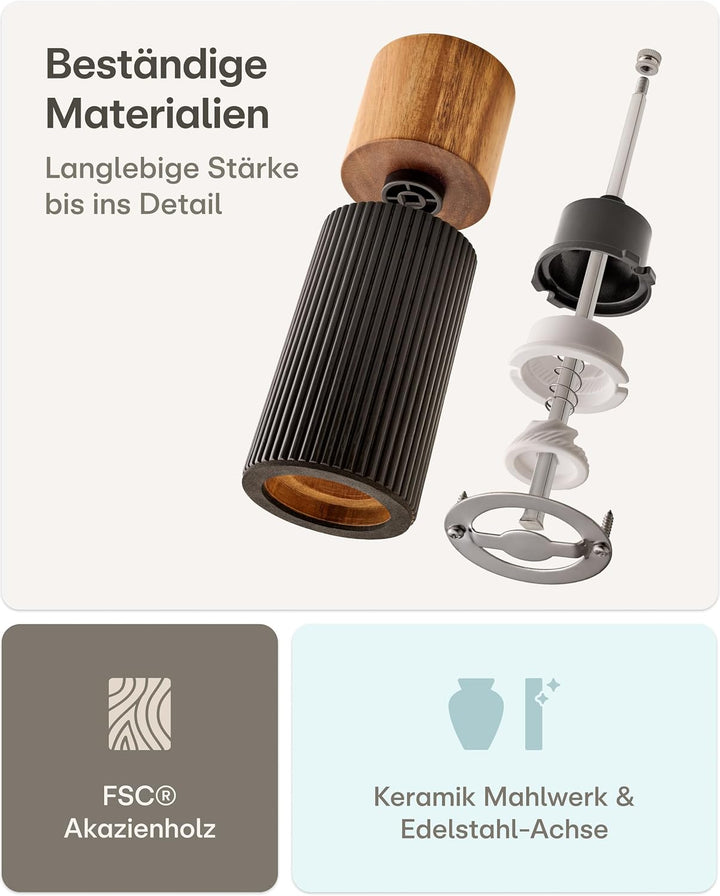 Praknu Salz & Pfeffermühle FSC® Holz der Akazie Set – mit Keramikmahlwerk – Stufenlos Einstellbar &